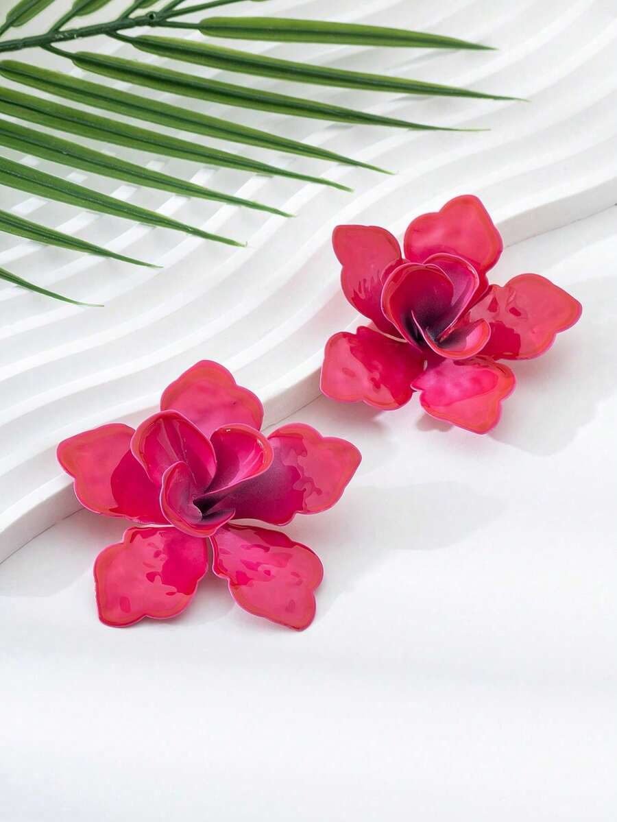 1 Pair Geometric Flower Pendant Earrings, European & American Style Elegant Charm Stud Earrings - Pink - View 1