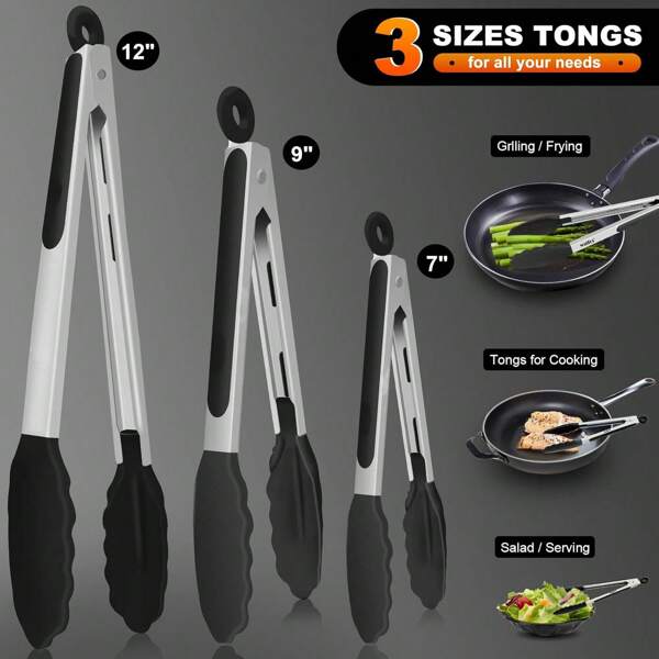 Pinzas de cocina resistentes al calor de acero inoxidable, pinzas para parrilla, pinzas con puntas de silicona antiadherente, agarre fuerte para agarrar alimentos, revolver ensalada, freidora de aire, con diseño de bloqueo, aptas para cocina, hornear, hogar, parrilla al aire libre, ensalada