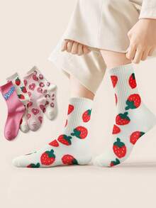 4 Pairs Women's Fashion Versatile Letter, Heart, Strawberry Patterned Crew Socks, Cute & - Multicolor - View 3