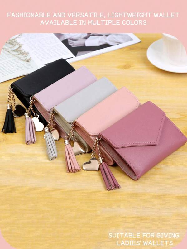 Billetera multifuncional decorada con borlas, cartera corta de mujer, monedero con solapa, portafolios sobre para mujer