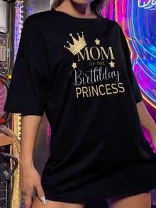 Camiseta de cumpleaños para mamá, princesa, para mujer - camiseta gráfica con corona dorada, conjunto a juego para mamá e hija, atuendo para celebraciones familiares, camiseta informal de algodón de manga corta - Negro - Ver 2