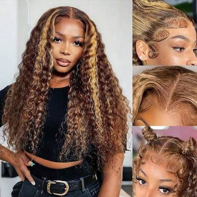 Honey Blonde 4x4 Deep Wave Lace Front Wigs Human Hair Pre Plucked With Baby Hair 4/27 Highlight Glueless HD Transparent Lace Frontal Wigs For Women 250 Density (26 Inch)
