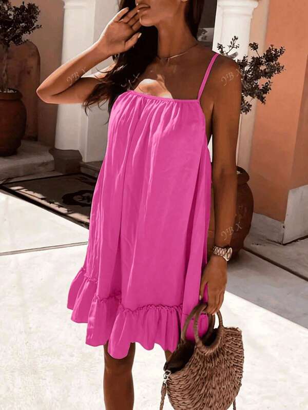Vintage Style Loose Flare Dress, Solid Color, Fashionable For Summer