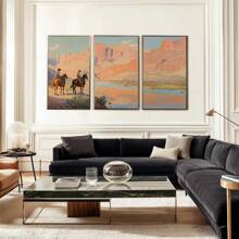 3pcs Cowboy 3 PiecesWall Art, Western Oil Painting Set Of Three Prints, Desert Landscape, Rodeo Horseback Riding Equestrian Decor