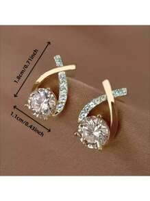 Gold Tone Teardrop Stud Earrings With Criss-Cross Cubic Zirconia Accents, Elegant Round-Cut Center Stone For Maximum Sparkle, Lightweight And Comfortable Design, Perfect For Work, Special Occasions, Weddings, Or Daily Wear, Beautiful Gift For Women And Teen Girls Who Appreciate Classic, Refined, And Glamorous Jewelry.