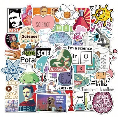 50pcs Science Stickers, Chemistry Themed, Cute & Fun, Cartoon Doodle, Letter Pattern, Vinyl Material, Suitable For Water Bottles, Tumblers, Guitars, Luggage, Phones, Phone Cases, Laptops, Skateboards, Great Gift Item