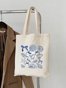 1pc Foldable Reusable Tote Bag With Blue Bowknot Pattern, Large Capacity Casual Grocery Bag, Minimalist Bohemian Style Handbag Suitable For Work, Travel, Shopping, School And More - Beige - View 6