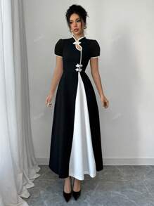 Summer Black & White Contrast Collar Puff Sleeve Cinching Waist Button Down Midi Elegant Office Fitted Dress For Women