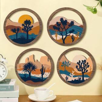 1 Set Of 2D Bohemian Desert Green Landscape Wooden Art Wall Decoration, Suitable For Room Decoration, Bedroom Decoration, Home Decoration, And Art Wall Decoration