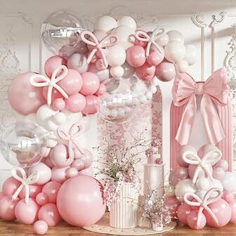 134 piezas Set de arco de guirnalda de globos con moño en color rosa pálido, globos rosas y blancos de 18 pulgadas transparentes, con globos largos como decoración de moño, adecuado para decoración de fiesta de cumpleaños, boda o baby shower con temática de moño