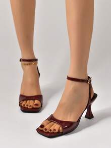 Women's Square Toe High Heel Sandals, Backless Lace-Up Peep Toe Sexy Nude Dress Heels For Summer - Burgundy - View 3