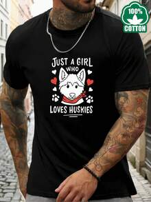 100% cotton new men's casual style short sleeve T-shirt summer high quality breathable round neck machine washable cotton printed top + black Just A Girl Who Loves Suitable for sports and daily casual wear - Negro - Ver 1