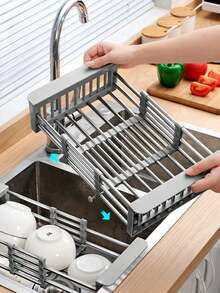 1 件可扩展不锈钢厨房水槽沥水架，多功能水果盘餐具干燥收纳架