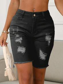 Quần short denim rách lưng vừa màu trơn mùa hè dành cho nữ - màu đen - Xem 2