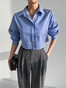 Blusas de mujer Camisa corta de rayas con abertura lateral y un solo pecho - Azul - Ver 7