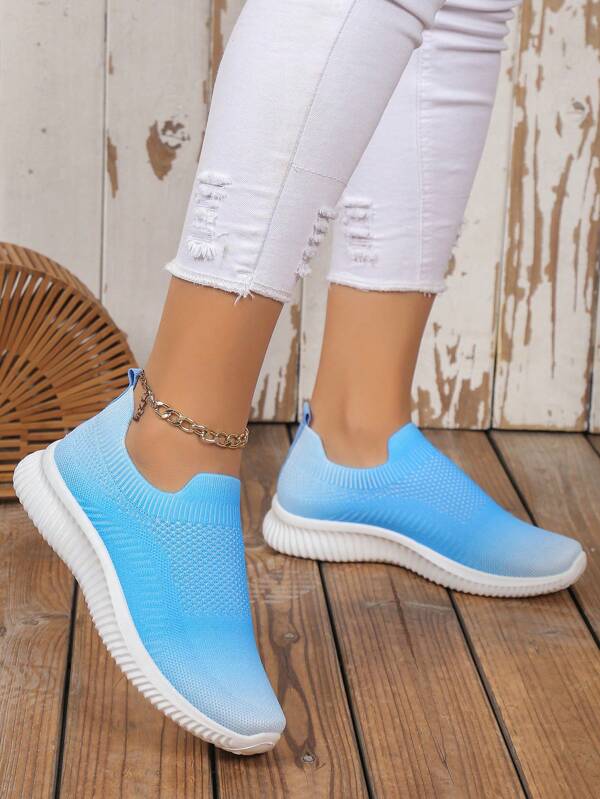 Women's Lightweight Breathable Knit Sneakers - Comfortable Slip-On Casual Shoes With Rubber Sole, Pastel Ombre Design (Pink To Blue) For Casual Attire, Summer Slipons Slipon Shoes Fabric Upper, Cute Shoes