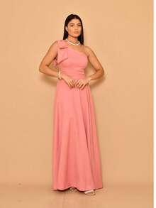 Helena Long Dress Luxury Plain Duna Linen With Bow One Shoulder - 乾枯玫瑰色 - 查看 2