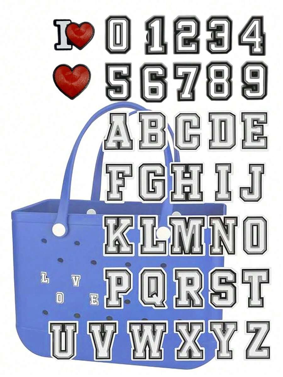 26 Letters DIY Bag Decor, Suitable For Bogg Bags, Hollow Out Clogs, Tote Bags, Decorative Accessories, Customizable For Your Beach Tote Bags And Hollow Out Clogs, These Charming Decors Infuse Personalized Style And Vibrant Colors To Your Bogg Bags And Hollow Out Clogs, Perfect For Showcasing The Uniqueness And Visibility Of Your Bags And Hollow Out Clogs, Easy To Identify Your Bag - Black and White - View 1