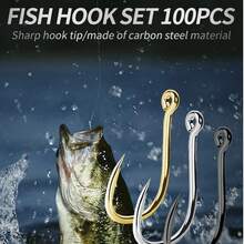 100个/盒 #3~#12 高碳钢鱼钩，运动圆形银色鱼钩