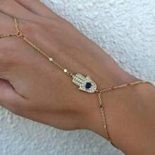 1pc Minimalist Multi-Layered Evil Eye Bracelet Rings, Bohemian Connected Bead Silver-Tone Hand Chain Jewelry Suitable For Parties, Holidays, Vacations, Daily Wear, Finger Chain, Simple Hand Decor