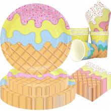 Decoraciones para fiesta de cumpleaños de helados 10 piezas/20 piezas/50 piezas/80 piezas, vajilla desechable de papel para fiesta de helados, platos, vasos, servilletas, decoraciones de mesa para fiesta de verano de helados o cumpleaños, suministros para fiesta de verano de helados - Multicolor - Ver 2
