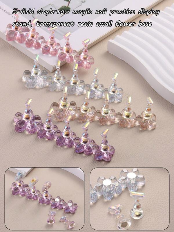 5-Grid Nail Art Practice Stand, Transparent Colored Aurora Resin Nail Stand And Base, Five-Petal Flower Shape, With Magnet Nail Plate Display Stand, Suitable For Nail Art DIY Practice Nail Art Making Home And Salon Use