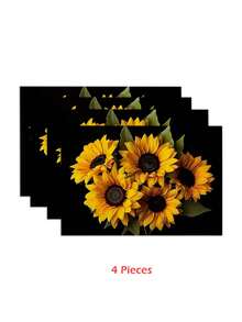 1pc/2pcs/4pcs/6pcs-Sunflower Checkered Illustration Green Leafy Plant Placemat, A Simple And Fresh Style Green Tropical Printed Linen Table Mat Combination, Suitable For Daily Decoration Party Table Mats In Spring And Summer - Multicolor - View 20