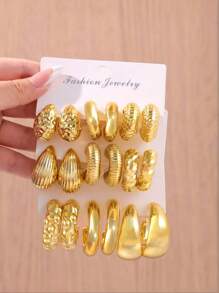 6-18pcs/Set High-End Gold-Color Chunky Twisted C-Shaped Teardrop Earrings Set, Suitable For Women Fashion Metal Geometric Round-Shaped Earrings, Personalized Exaggerated CCB Hoop Earrings Vintage Circle Earrings Set