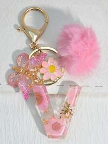 1 件英文字母干花树脂钥匙扣，带蝴蝶、流苏和绒球装饰，时尚钥匙圈礼物，送给妈妈、最好的朋友汽车配件包饰学校可爱哥特 Y2k 包配件挂绳带身份证夹汽车配件包饰 - 淺粉色 - 查看 17