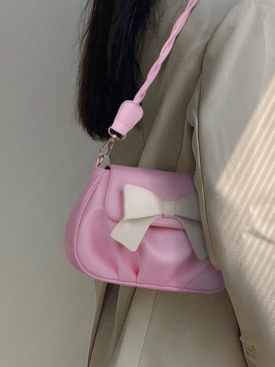 Bolsa de Ombro Feminina de Cor Sólida, Bolsa Transversal PU com Laço Decorativo Fofo, Adequada para Presentes, Transporte Diário, Escola, Mini Bolsa para Telefone, Bolsa Plissada
