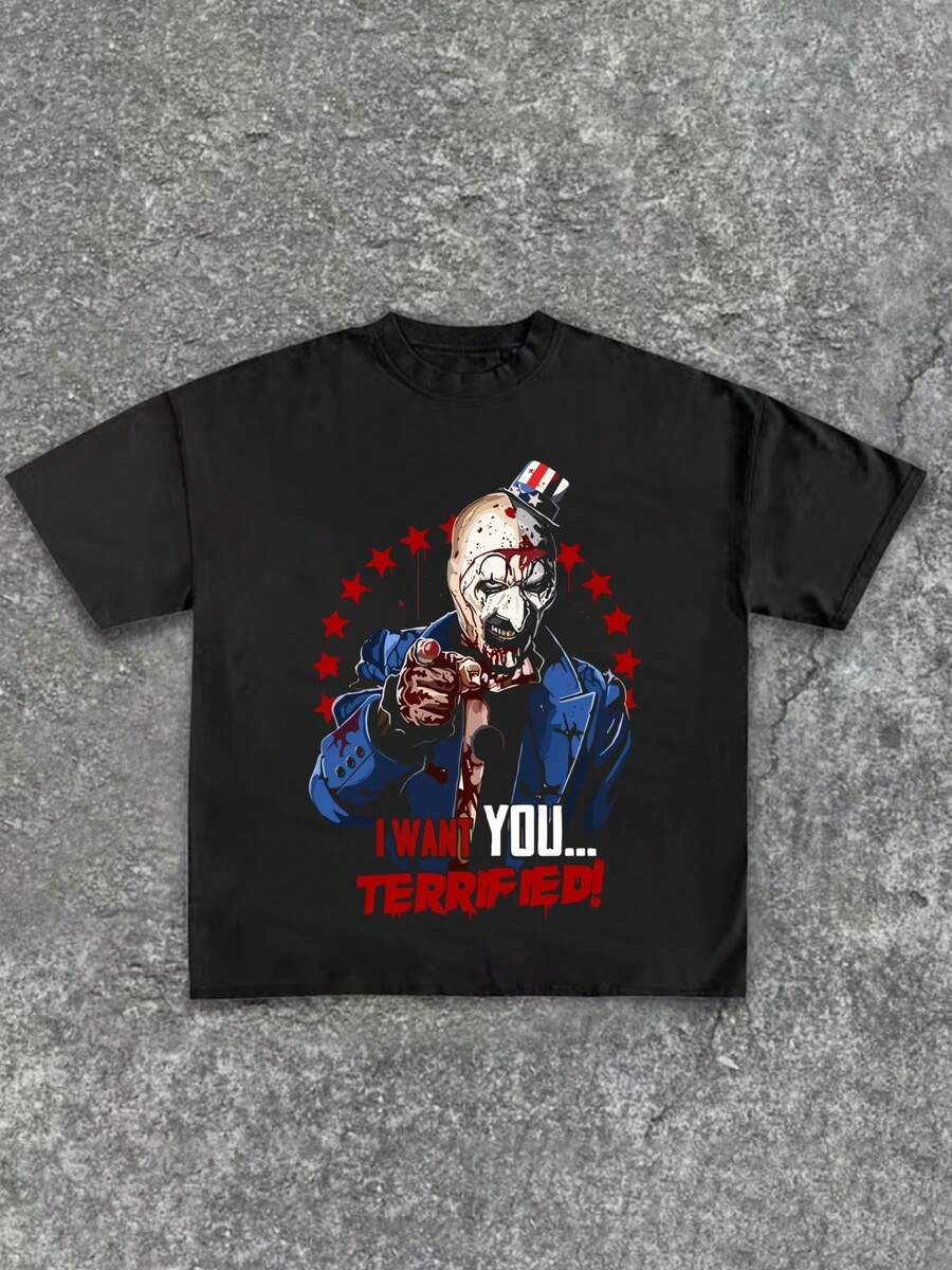 Scary Character Pattern,Casual Print,Comfortable And Versatile,Pure Cotton 220g Printed T-Shirt,Unisex Style - Black - View 1