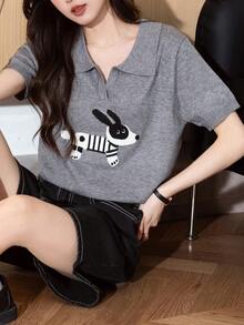 Rikumo Women's Funny Animal Print Turndown Collar Short Sleeve T-Shirt, Summer