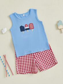 Kid Boy 4th Of July Outfit Popsicle Embroidery Round Neck Tank Tops+ Plaid Shorts 2Pcs Outfit