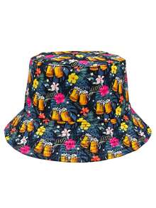 Casual Summer Beer Pattern Printed Bucket Hat, Unisex Beer Music Festival Bucket Hat - A - View 17