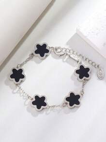 1pc Colorful Shell Inlaid Clover Charm Flower Chain Bracelet, Fashionable & Elegant For Women & Girls