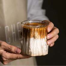 A Tree Stump Design Coffee Cup, 300ml Glass Cup, Large Wide Mouth Transparent Glass Teacup, Beautiful Striped Glassware For Coffee, Tea, Desserts, And Beverages