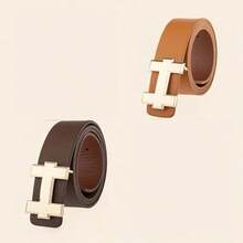 男女通用时尚简约字母合金扣腰带，纯色休闲商务正装牛仔裤腰带，理想的节日礼物 - 金色字母男女同款腰帶 - 查看 10