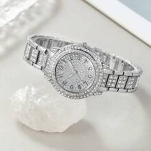 Relógios femininos da moda com 6 peças, mostrador digital, relógio de quartzo com strass, ponteiros redondos, relógios femininos e acessórios de joias, colar com strass, pulseira, brincos, conjunto de anéis, presente para festa de casamento, férias na praia, presente de dia dos namorados