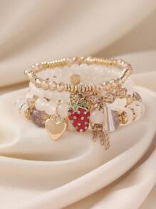 4 pièces/set Bracelet multicouche avec pendentifs en forme de feuilles de cerisier, fraises et franges en perles de verre de style bohème, convient pour les femmes au quotidien, la plage, les vacances, la remise des diplômes, en cadeau