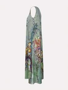 Women's Round Neck Butterfly Printed Sleeveless Dress, Spring/Summer - Green - View 7