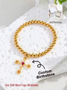 1pc Custom Birthstone Bracelet, Gold Cross Pendant Bracelet For Women, Suitable As Birthday Gift, Graduation Gift, Friendship Token, Thanksgiving Gift, Anniversary Gift