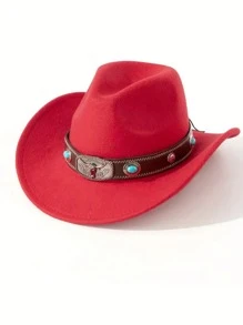 1pc Unisex Western Cowboy Hat With Removable Turquoise Bead Silver Cow Decor Band, Suitable For Party Gathering And Daily Wear