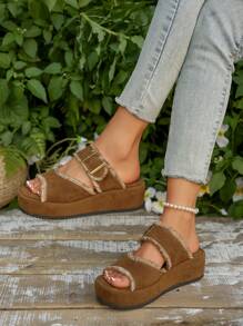 Women's Comfortable Lightweight Platform Slip On Sandals, Bohemian Cute Buckle Adjustable Super Light Elevated Elegant For Vacation Indoor Outdoor All Season
