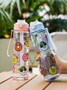 1pc 700ml/23oz Cartoon Donut Pattern Plastic Water Bottle, Children Plastic Water Cup With Lid, Lockable Design, Lanyard, Portable For School, Outdoor Sports, Camping, Picnic