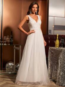 V-Neck Lace Patchwork Sleeveless Mesh Splice Slim Fit Wedding Dress,Bride - White - View 5