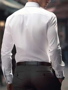 男士正装衬衫，纽扣设计，简约，商务，通勤，纯色，长袖 - 白色 - 查看 4