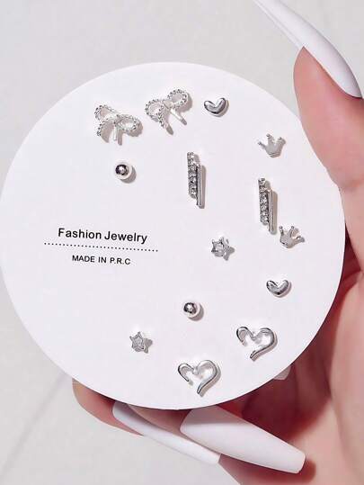 7pairs Fashion Star, Moon, Flower, Leaf, Heart & Pearl Decorated Weekly Earrings Set For Women