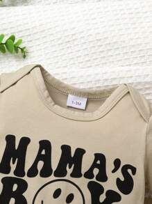 2pcs/Set Casual Cute Baby Boy One-Piece Outfit, Soft, Breathable, Comfortable, Fun Letter & Face Pattern Short Sleeve Bodysuit, Suitable For Vacation, Party, Everyday Wear