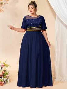 Plus Sequin Floral Lace Contrast Chiffon Butterfly Sleeve Formal Evening Party Dress, Elegant Prom Wedding Guest Dress, For Birthday, Graduation, Homecoming, Festivals - Navy Blue - View 6