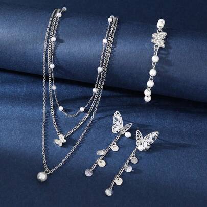 1 套时尚个性化珍珠和蝴蝶多层项链、串珠手链、耳环首饰套装，适合女士